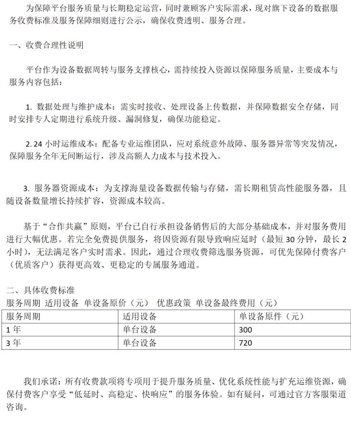 云平台设备服务收费标准公示